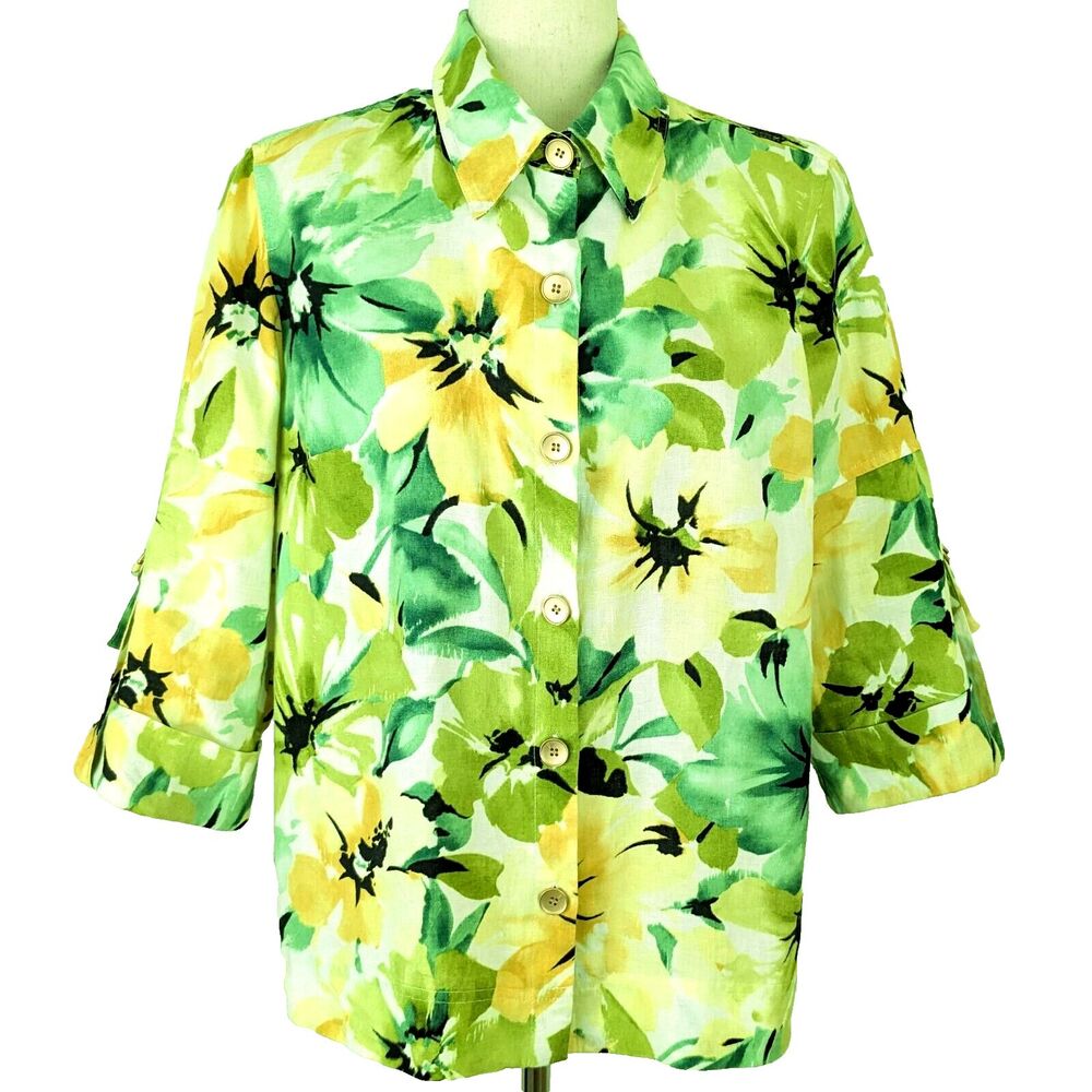 Jones New York Sport Womens LG Yellow Green Floral Linen Shirt Top